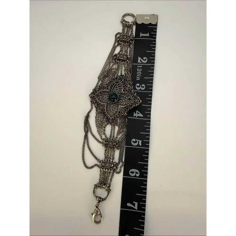 Lucky Brand Vintage Silver Filigree Flower Cuff Bracelet with Teal Cabochon